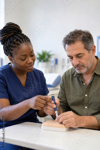 African nurse teaching middle aged man to use insulin pen on injection practice pad at diabetes clinic