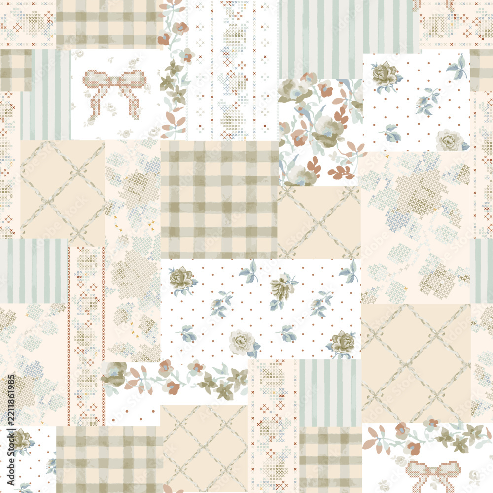 Fototapeta premium Vintage Cottagecore Floral Patchwork Seamless Pattern with Cross Stitch Roses, Gingham and Bows