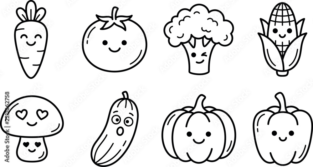 Fototapeta premium Cute cartoon vegetables with smiling faces in a simple black and white doodle style
