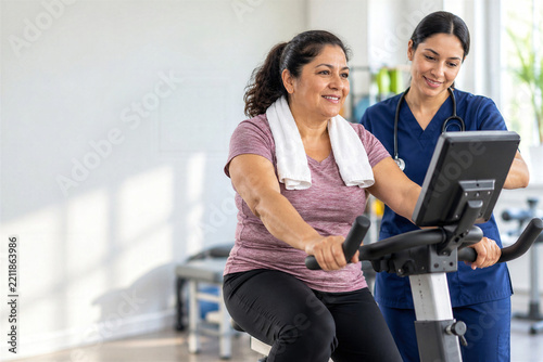 Smiling mature latina woman exercising on stationary bike with nurse support at cardiac rehabilitation session