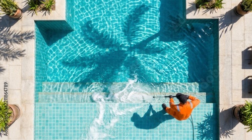 Man in orange shirt pressure washing steps of a turquoise swimming pool with palm tree shadow