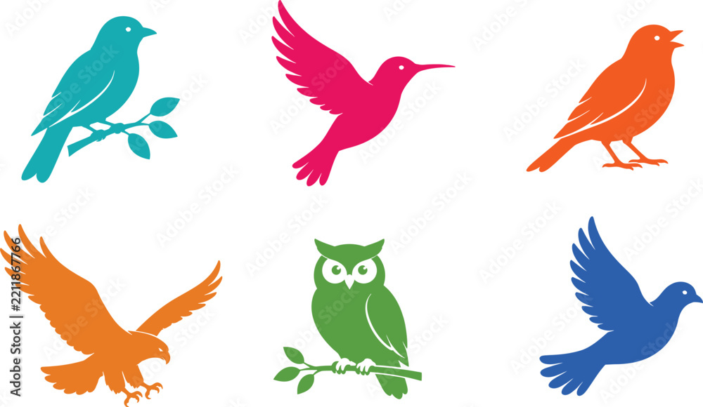 Fototapeta premium Set of colorful bird icons featuring various flying and perched birds in simple flat style