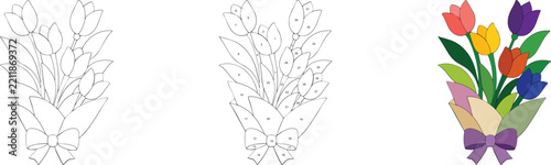 Colorful Tulip Bouquet Stained Glass Vector Pattern with Bow