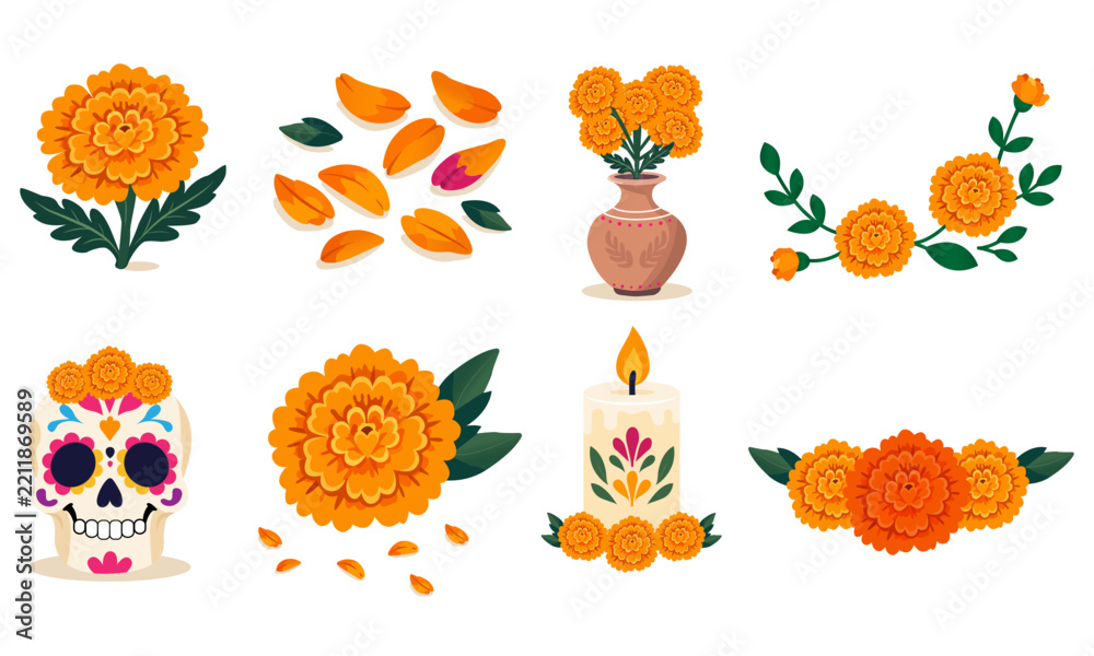 Fototapeta premium Ilustraciones por separado de flor de cempasúchil del día de muertos festividad mexicana