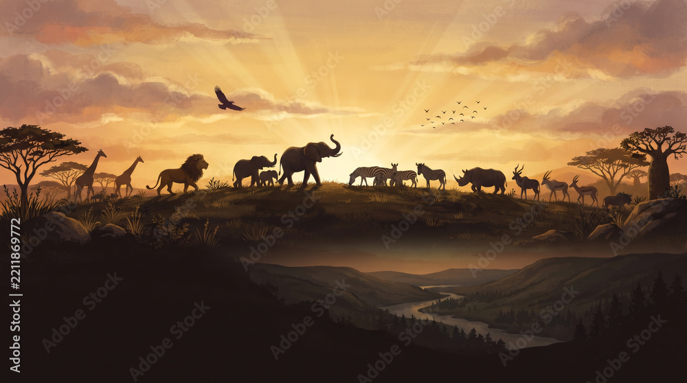 Obraz premium African safari animals migrating across savanna at sunset, scenic landscape