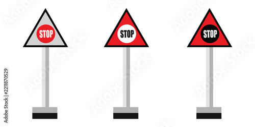 Set of three stop traffic signs red triangle warning board on pole flat vector illustration for road safety