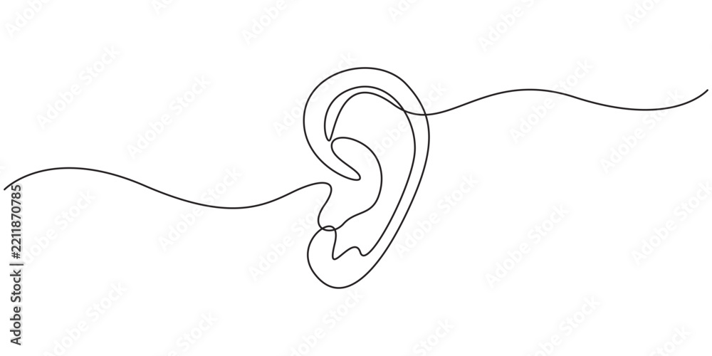 Obraz premium Human ear continuous single line drawing, Parts of five human senses, drowning with one continuous line with editable stroke vector illustration, Ear one line drawing and isolated continuous outline