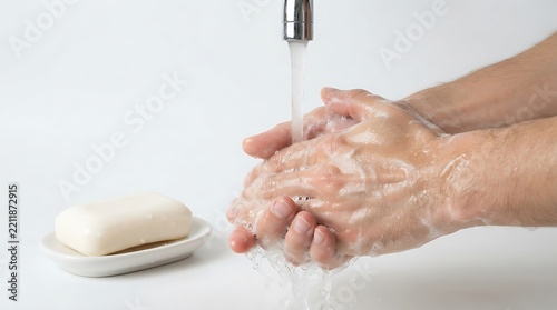 Person washing hands with soap under a running faucet for proper hygiene and health protection