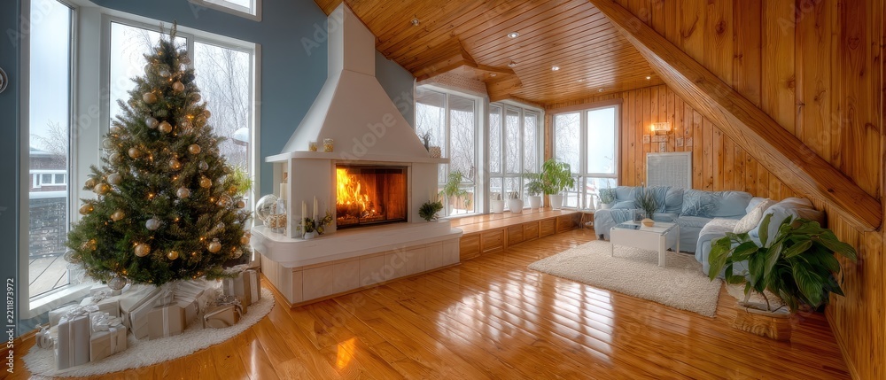 Obraz premium A decorated Christmas tree by the fireplace, surrounded by gifts, creates a cozy festive atmosphere