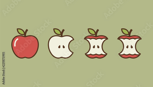 Four stages of eating a red apple shown in a row from whole fruit to bitten sections and remaining cores.