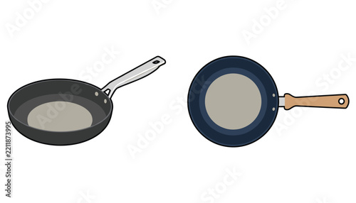 Black nonstick frying pans presented in side perspective and top-down views with metal and wooden handles.
