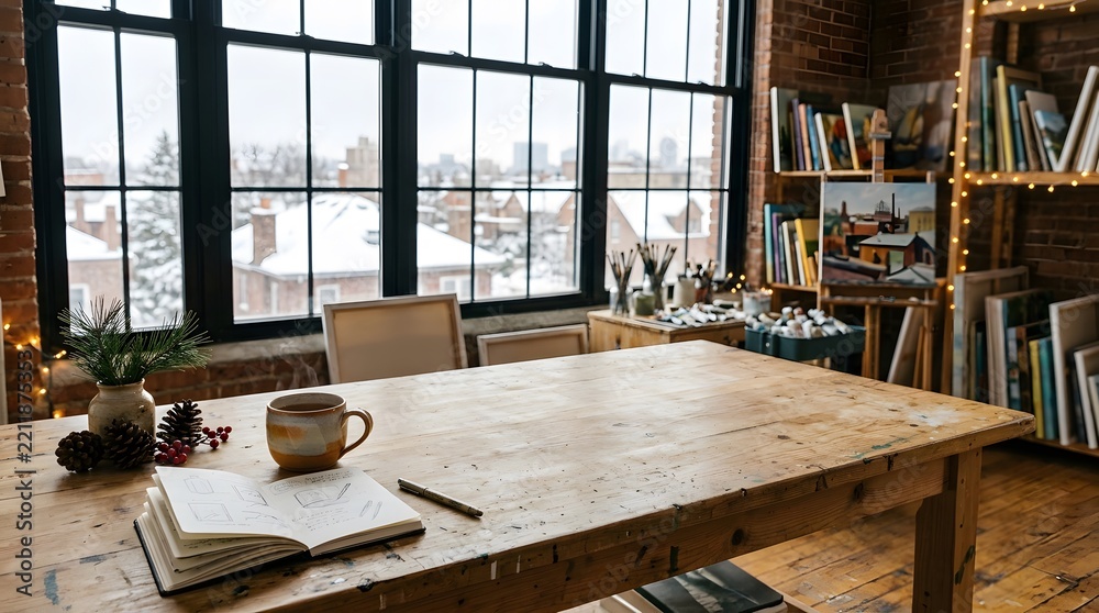 Fototapeta premium Bright home office with large windows overlooking a snowy winter landscape