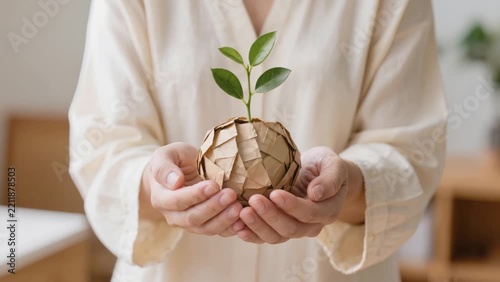Hands gently holding a small green plant growing from a crumpled paper ball, symbolizing sustainability, renewal and the connection between nature and human care.