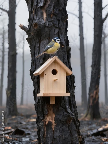Wooden birdhouse with a blue tit perched on top stands against a charred forest devastated by wildfire, symbolizing hope and resilience.