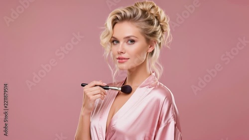 Elegant blonde woman in a pink silk robe holding a makeup brush against a soft pink background, showcasing a glamorous beauty look.