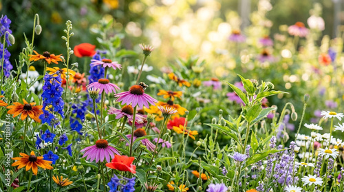 Colorful wildflower meadow blooming vibrantly in bright summer sun light