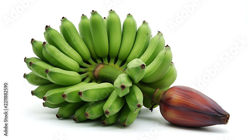 A bunch of green bananas rests beside its vibrant red banana blossom on a white surface.