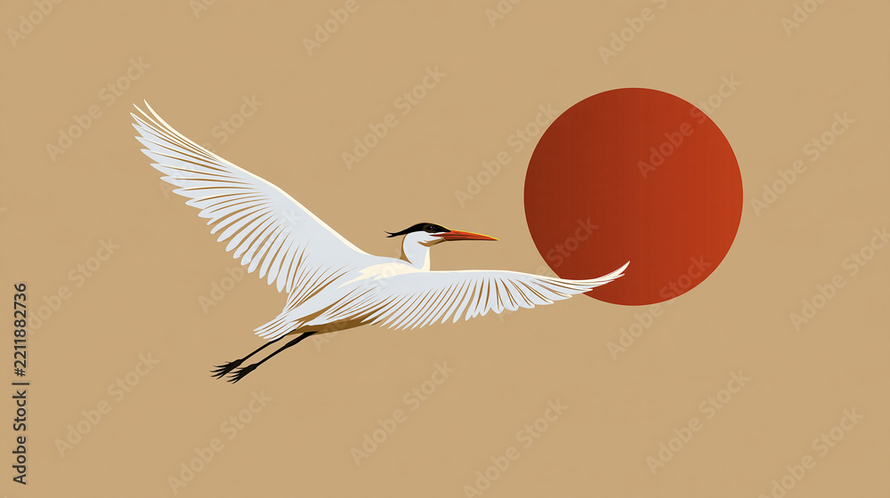 Fototapeta premium Majestic white crane flying gracefully beneath a glowing red sun, symbolic nature and cultural concept, with copy space