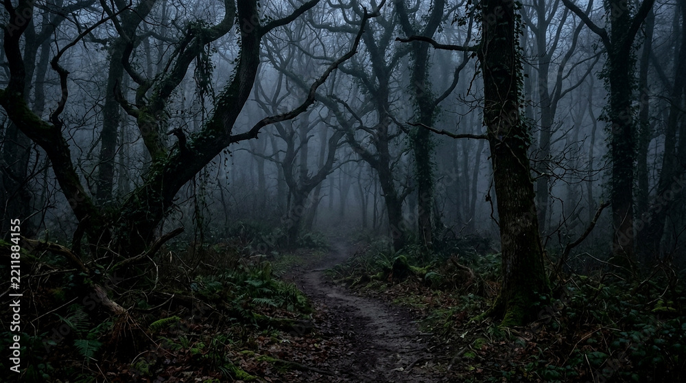 Fototapeta premium Dark, misty woodland path winding through a spooky, gnarled ancient forest at twilight