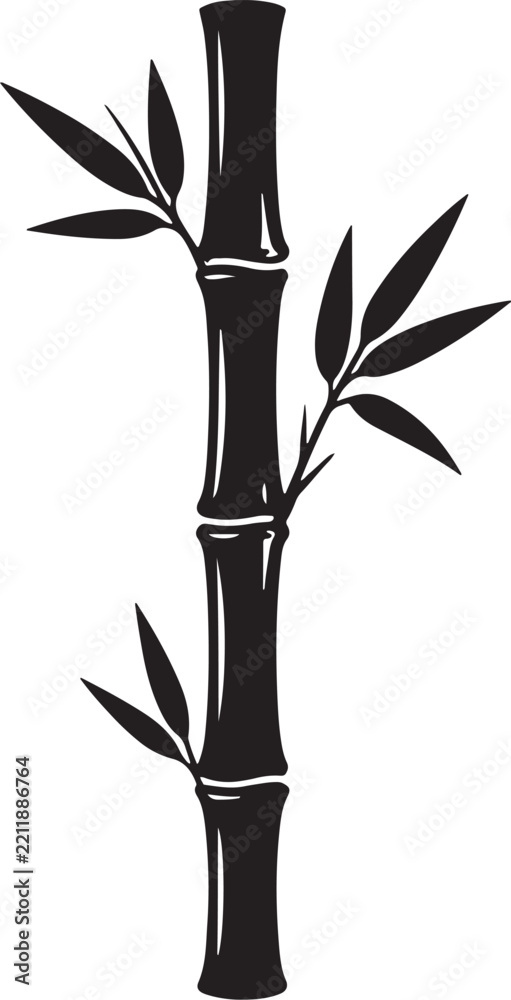 Obraz premium Black silhouette of a bamboo stalk with segmented nodes, multiple sharp leaves, and white highlights isolated on a white background, also transparent background