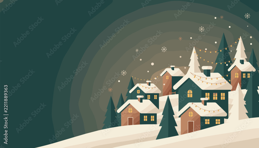 Obraz premium Cozy night winter village illustration in warm green and brown tones, featuring glowing houses with lights, decorated pine trees, and gently falling snow under a dark sky.