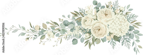 Watercolor floral illustration bouquet - white flowers, rose, peony, green and gold leaf branches collection. Wedding stationary, greetings, wallpapers, fashion, background. Eucalyptus, olive, leaves.