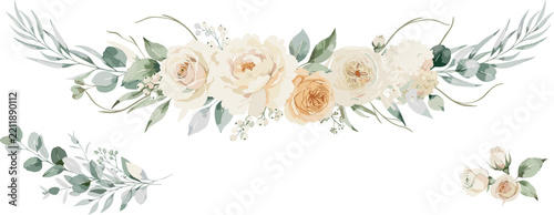 Watercolor floral illustration bouquet - white flowers, rose, peony, green and gold leaf branches collection. Wedding stationary, greetings, wallpapers, fashion, background. Eucalyptus, olive, leaves.