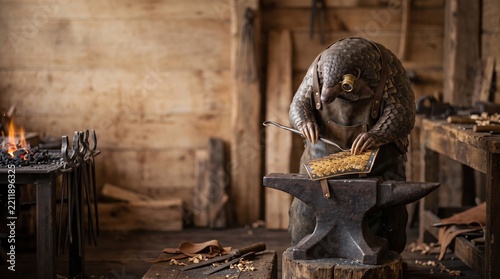Pangolin blacksmith crafting metal armor in a rustic workshop
