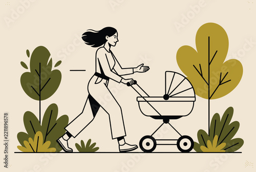 Active young mother jogging in a beautiful park while pushing her baby stroller to maintain a healthy lifestyle.