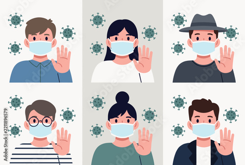 Set of six diverse people wearing medical face masks and making stop gestures surrounded by coronavirus particles.