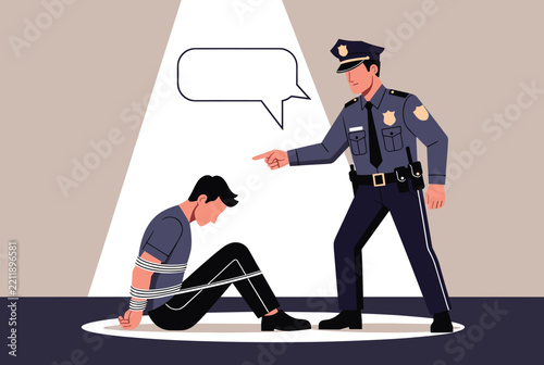 Police officer in uniform pointing accusingly at a tied suspect sitting on the floor under a spotlight with speech bubble.