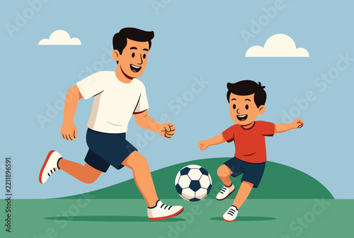Happy father and young son playing soccer together on a grassy field under a clear blue sky during summer day.