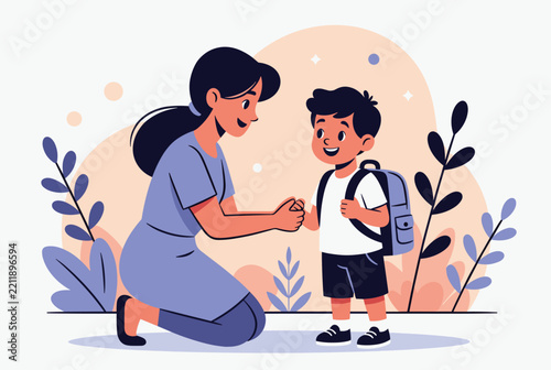 Caring mother kneels to hold the hands of her young son before sending him to his first day of school with a backpack.