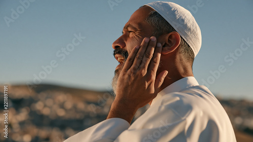 Close up of a muezzin's open mouth calling the adhan from a minaret at sunset, one hand cupped beside his ear in traditional posture, the city sprawling below in warm evening