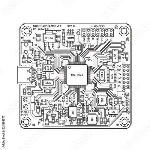 Detailed Electronic Circuit Board Blueprint | PCB Line Art with Components & Labels