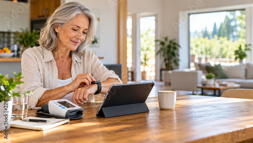 Older Woman Using Emergency Alert Device at Home