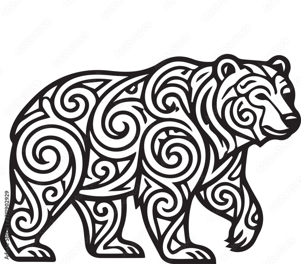 Fototapeta premium Ornamental Black and White Walking Bear Vector Illustration