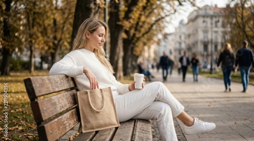 Young Woman Relaxing on Park Bench with Coffee and Shopping Bag Autumn Season