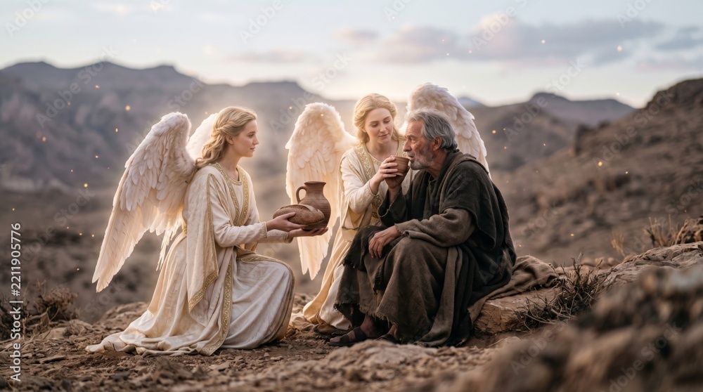 Fototapeta premium Angels offering bread and drink to an elderly man in a rocky wilderness. Biblical scene of angelic care. Christian faith, divine provision and spiritual comfort. Religious illustration.