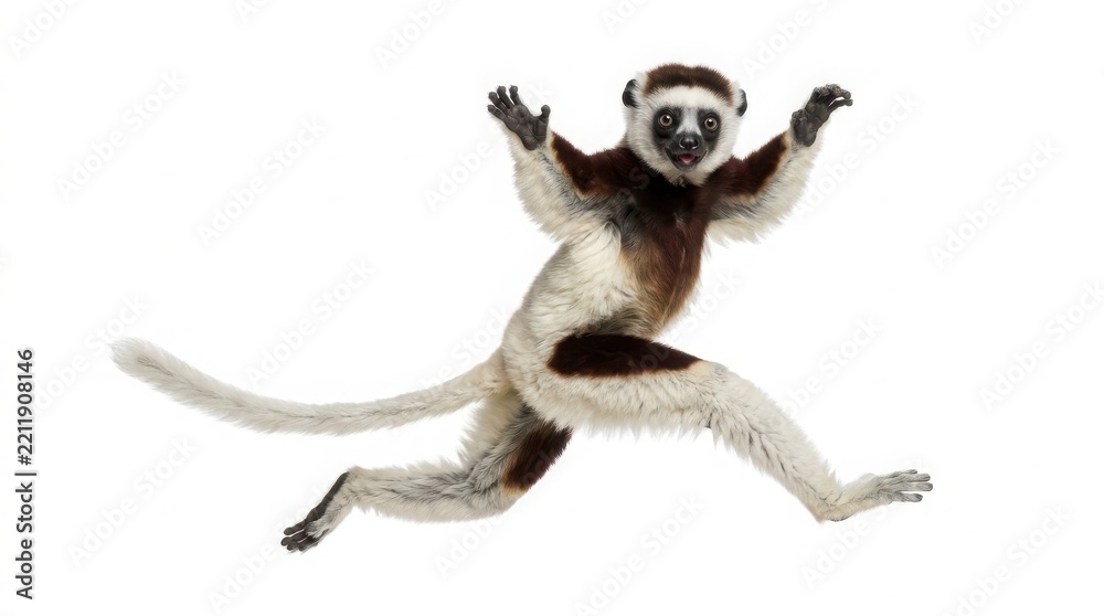 Fototapeta premium Active coquerel sifaka lemur jumping in mid-air against a clean white background with wild animal exotic animal zoo animal rare species animal movement white fur brown markings dynamic animal