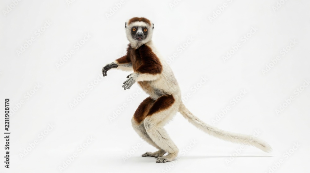 Fototapeta premium Full body studio portrait of a coquerel sifaka lemur standing alert on a white background with wild animal exotic animal zoo animal rare species white fur brown markings wildlife photography