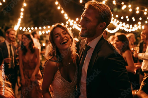 Night wedding party under sparkling lights, guests celebrating outdoors, luxury atmosphere, candid laughter and dancing, cinematic editorial wedding photography