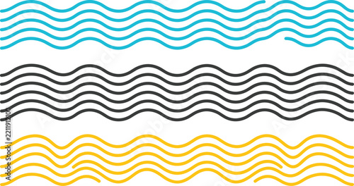 Wave lines set ocean stream blue black yellow color for water liquid air flow symbol indicator.