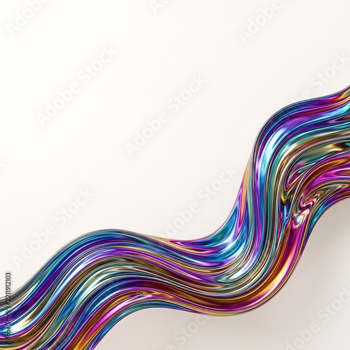 Iridescent fluid wave abstract shape with copy space on white