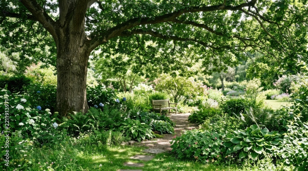 Obraz premium Tranquil Garden Path Under Ancient Oak Tree Shade Lush Greenery and Wooden Bench