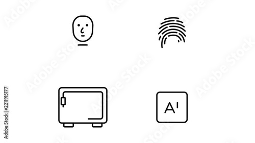 Biometric security icon pack with face recognition, fingerprint scanner, safe box and AI chip drawing reveal for presentations on transparent background