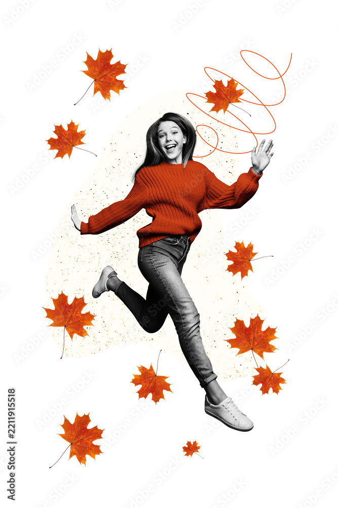 Fototapeta premium Composite trend artwork image collage of copyspace autumn season fall weather outdoors nature young woman smile beautiful model jump happy