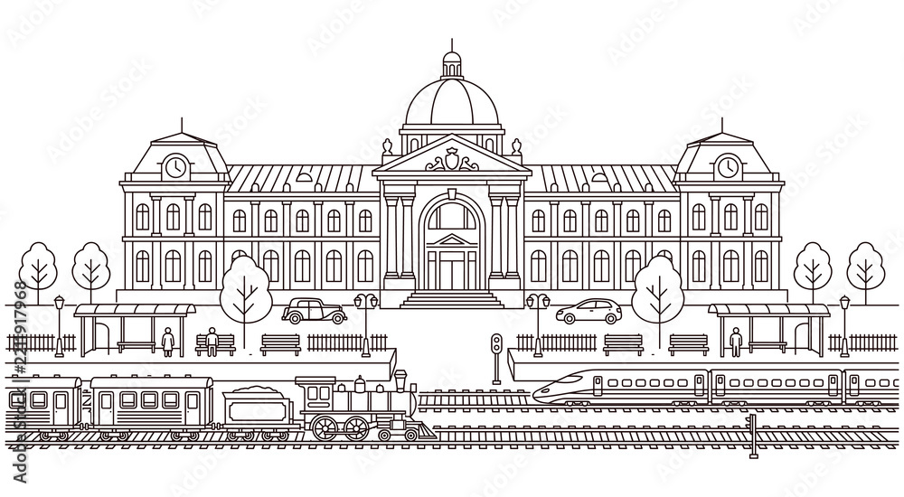 Obraz premium Train station line art illustration with vintage engine.