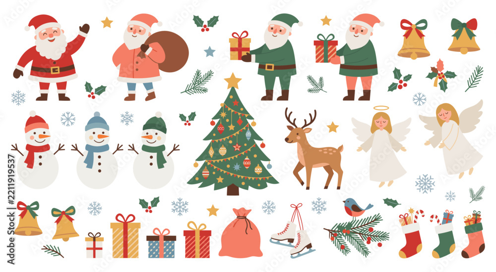 Fototapeta premium Christmas holiday design elements santa snowman reindeer gifts.