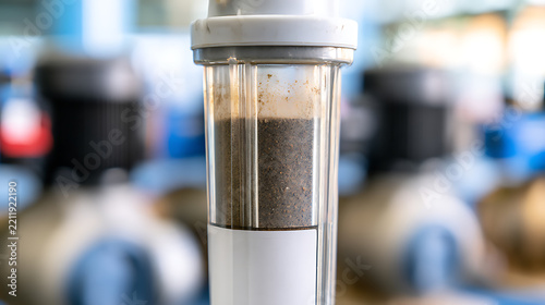 Close-up view of dirty sand filter cartridge inside industrial water treatment plant, showing sediment and impurity accumulation before service